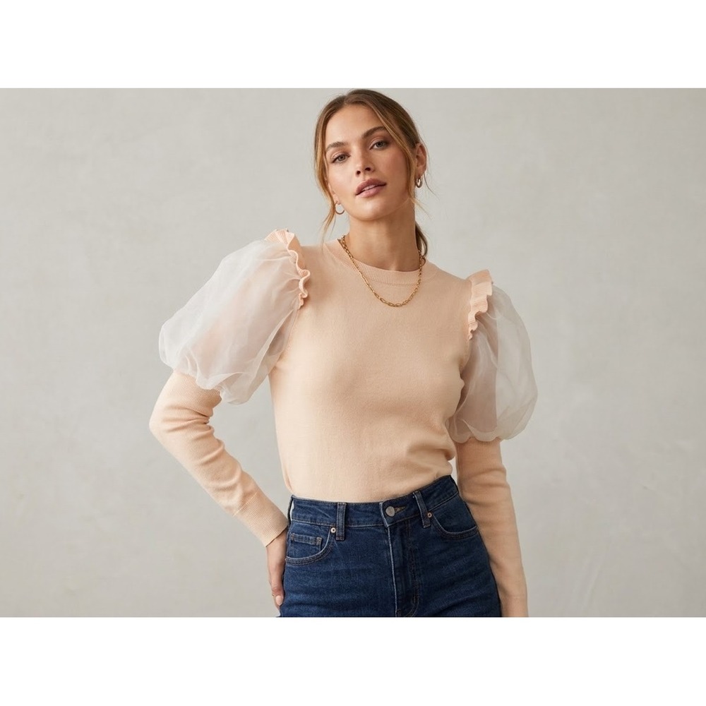 THML Cream Organza Puff Sleeve Ruffle Trim Knit Sweater Top Medium
